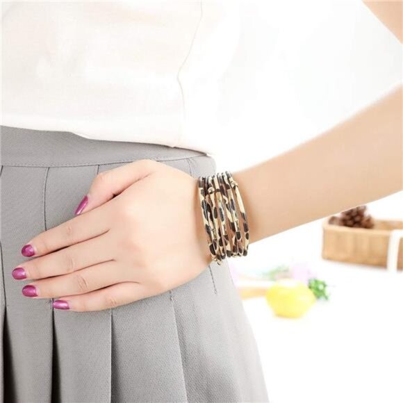 Boho Leather Wrap Bracelet for Women – Multi-Layer Leopard Print - Picture 6 of 7